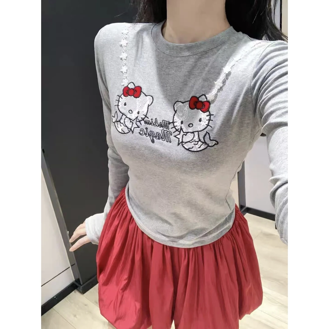「涵涵家」小众设计款Kitty蕾丝工艺修身显瘦打底衫上衣女#88659