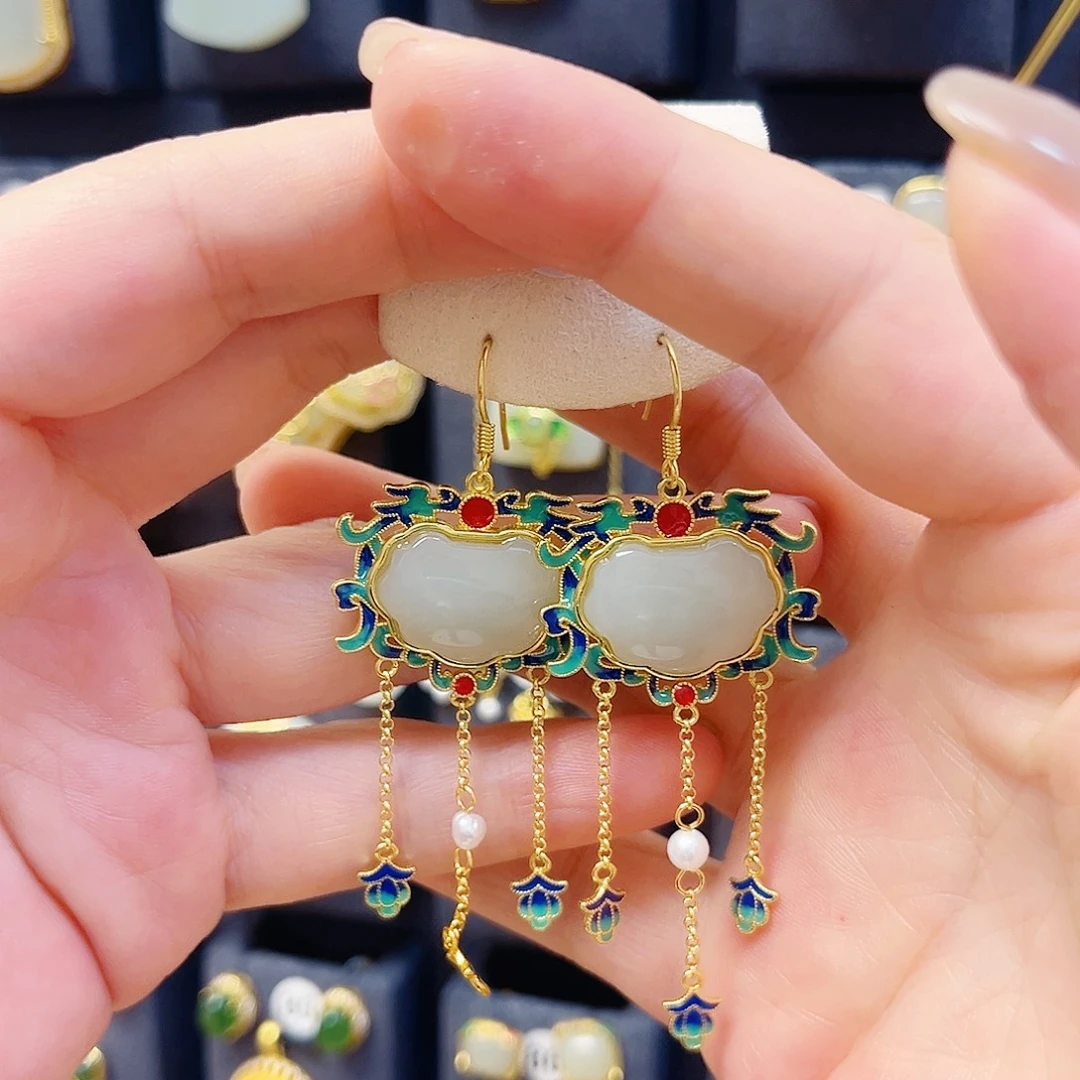 和田玉银S925镀金镶嵌耳饰