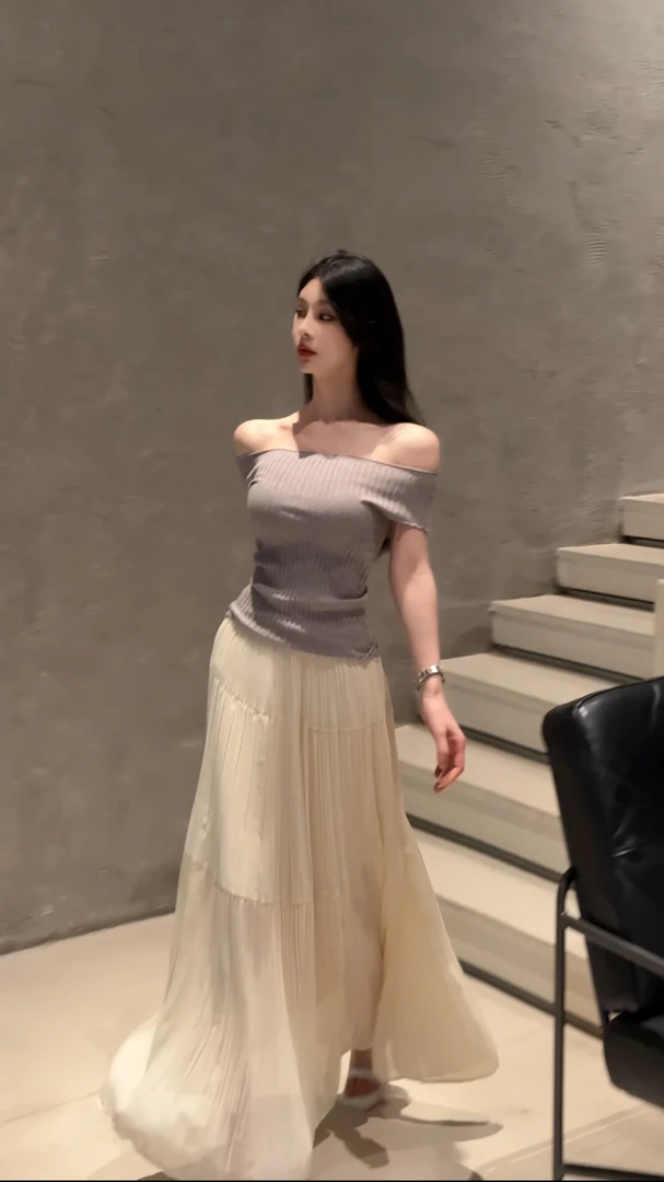 一字肩针织上衣短袖设计感短款t恤温柔 百搭时尚a字半身裙