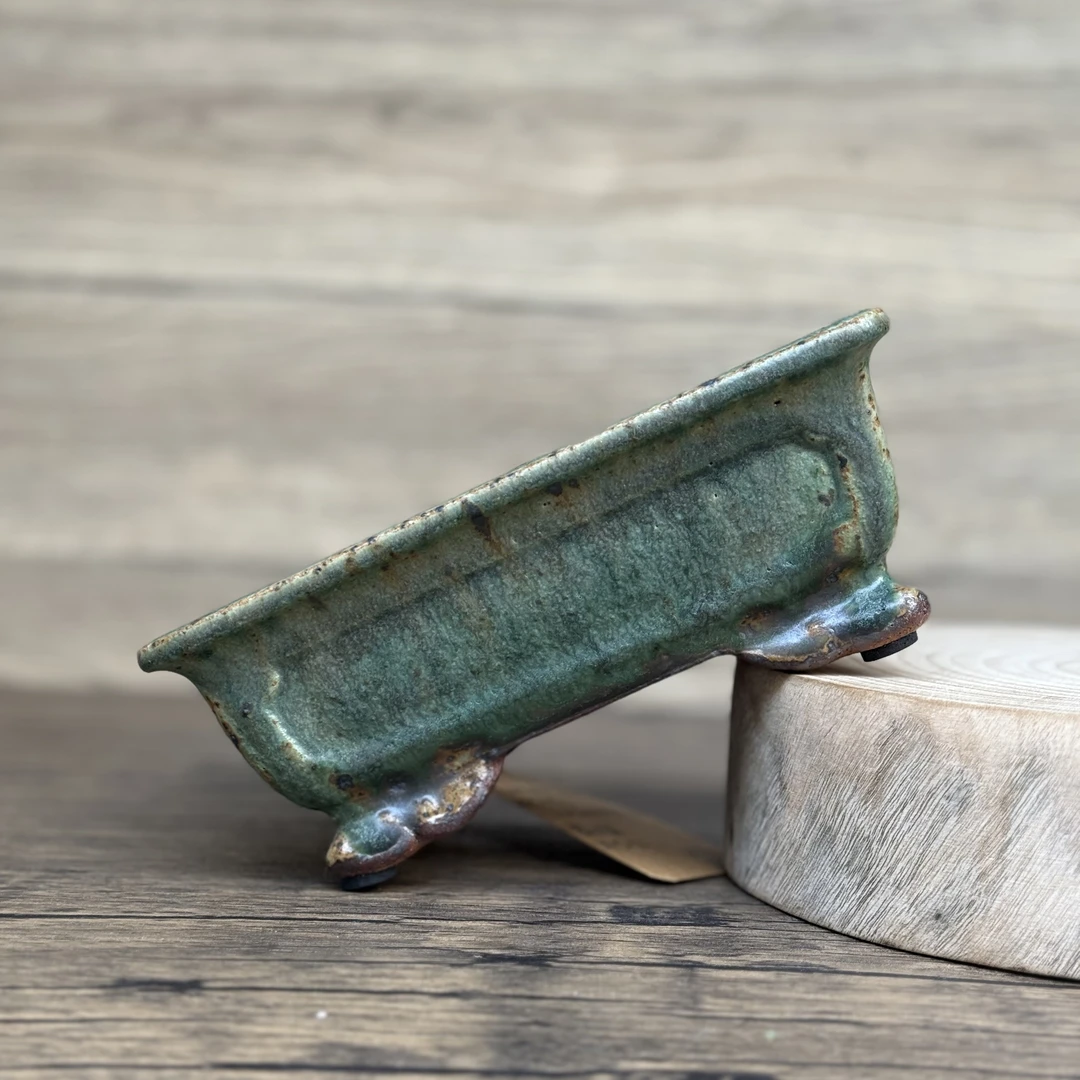 宜兴紫砂仿古钧釉大正和窑如意足霜绿釉小长方松柏杜鹃盆景花盆