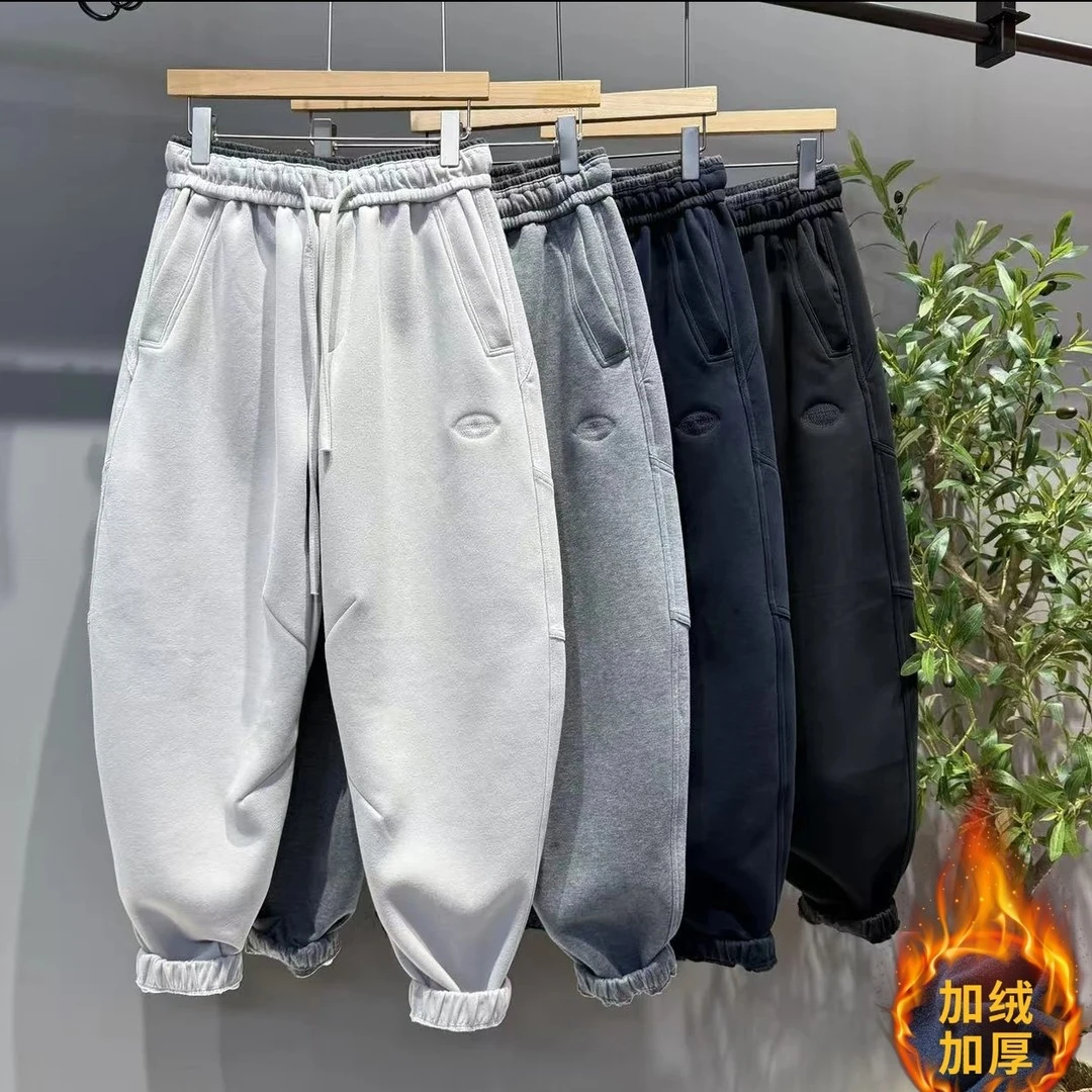 秋冬款加绒加厚弯刀刺绣休闲卫裤男士时尚潮流百搭运动束脚休闲裤