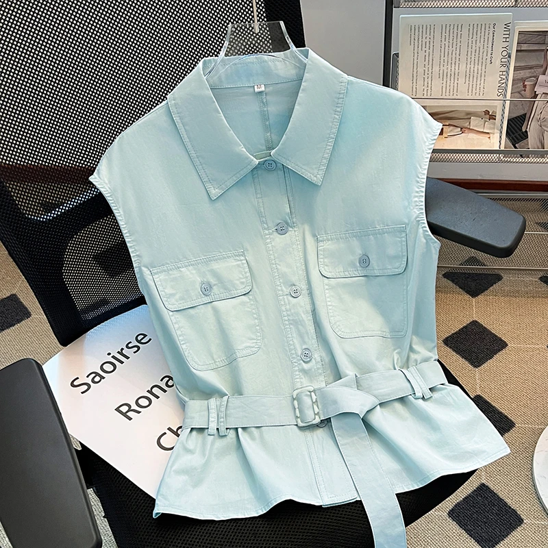 蓝色polo领无袖衬衫女夏薄款2025新款设计感气质收腰上衣通勤小衫