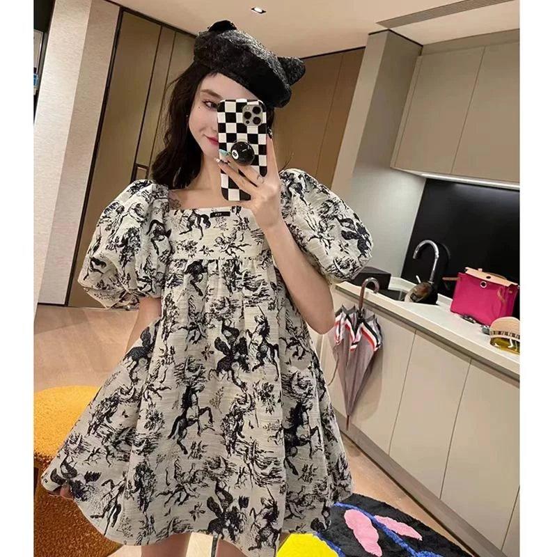 艺术感黑白印花复古风格方领连衣裙优雅甜美