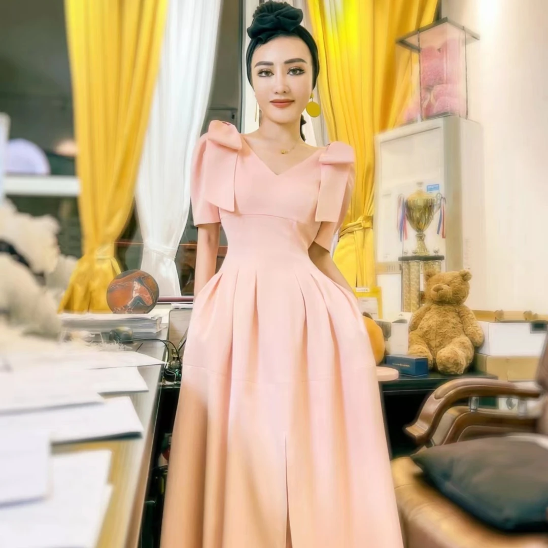 【星姐推荐】星原创高级定制【水蜜桃】 小众法式名媛V领连衣裙