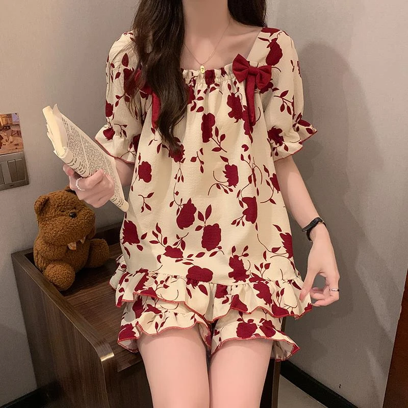 风花朵甜美带胸垫睡衣女款夏季短袖睡衣女爆款2025新款夏天家