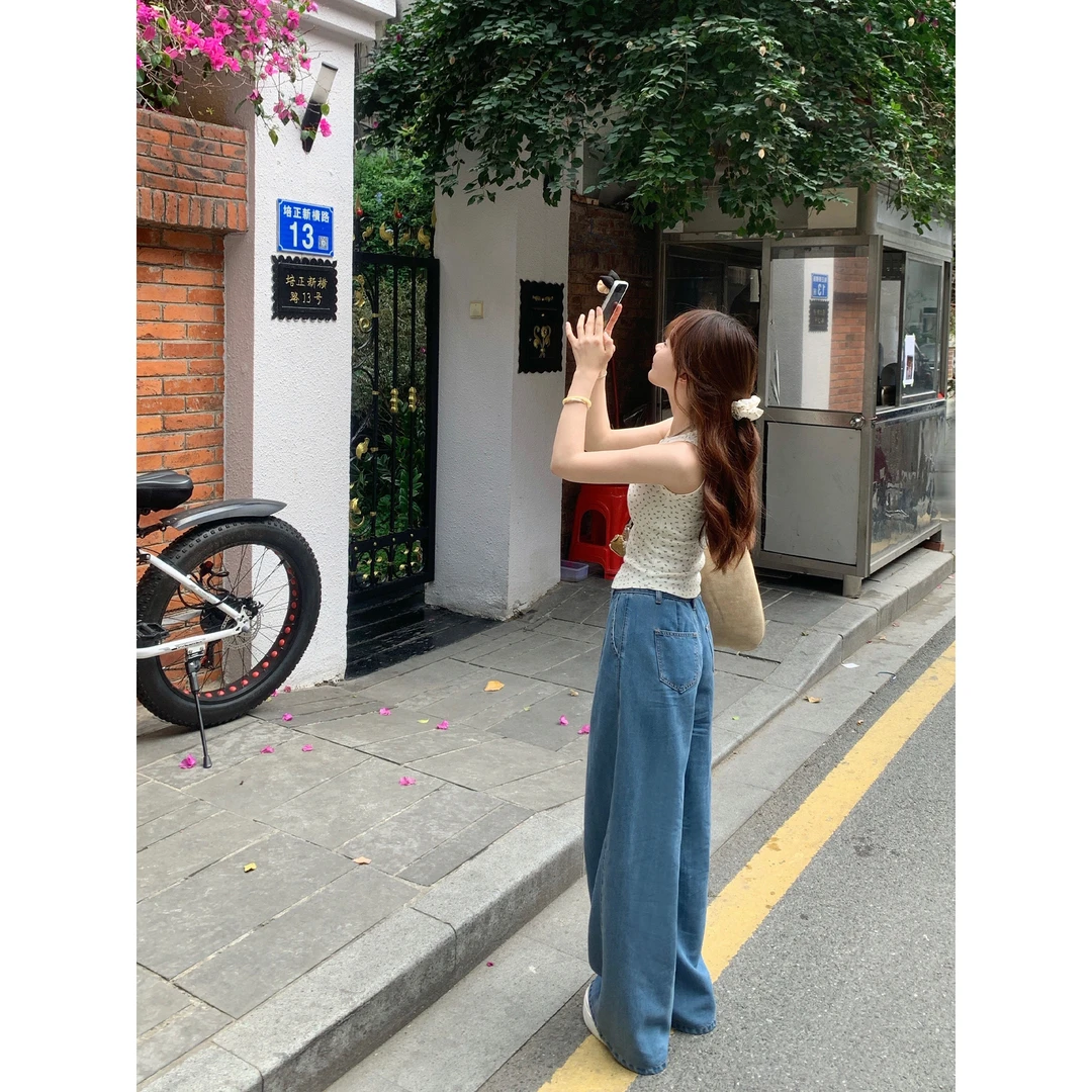 切糕自制【山谷秘密】小个子春夏出行休闲小众高腰气质阔腿牛仔裤