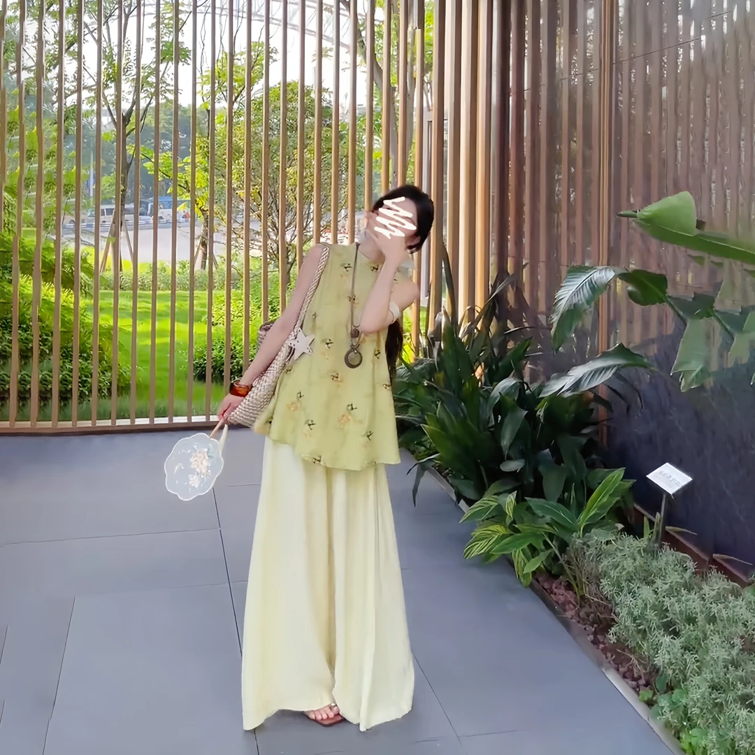 国风夏季新款小唐人古风气质无袖上衣加高腰松紧裤裙套装8098