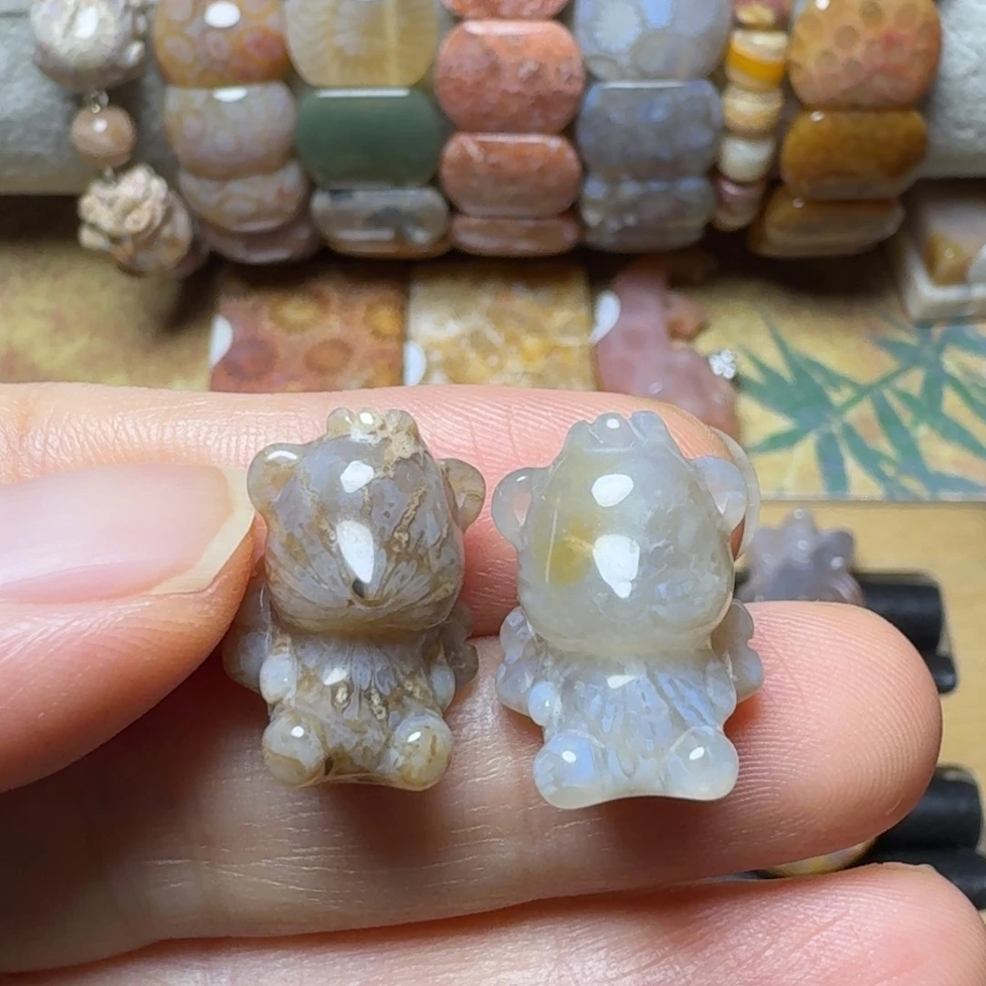 硅化玉黑白配 独大花，天使小熊未镶嵌
