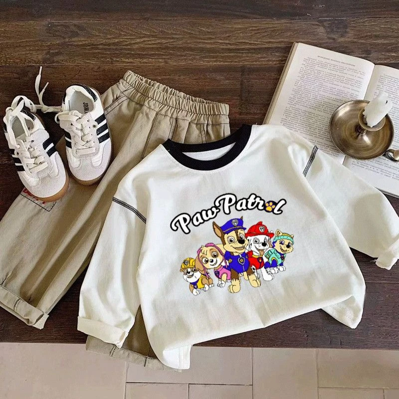 男童新中式T恤新款纯棉长袖儿童男童圆领卡通上衣洋气打底拼接潮t