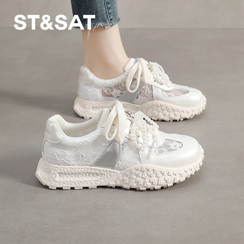星期六网红德训鞋女士2025夏季新款阿甘鞋透气白色小众蕾丝休闲鞋