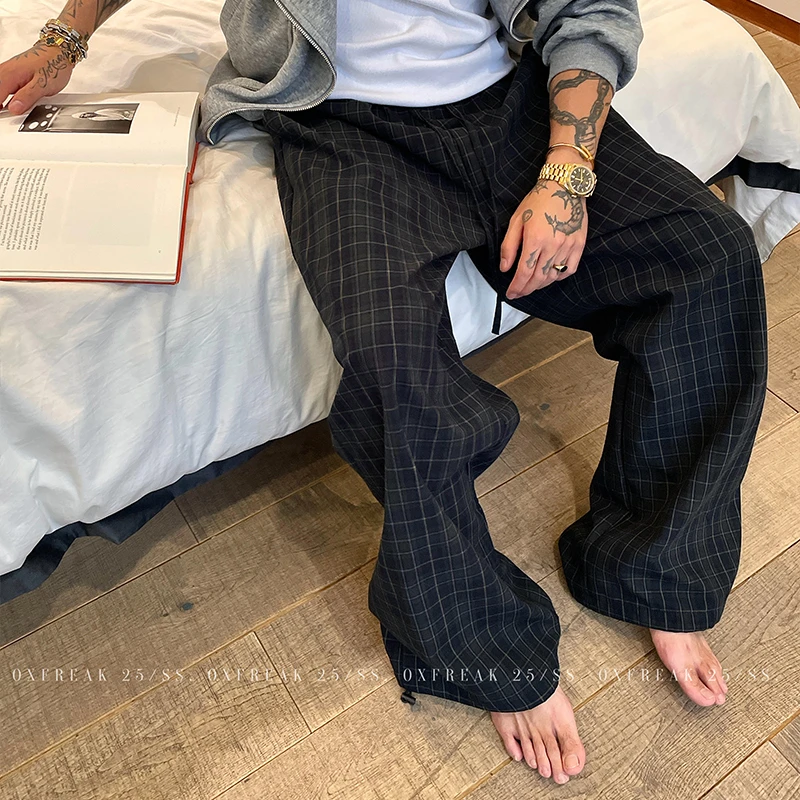 OXFREAK 「藏青格纹 脚口抽绳」全棉格子休闲裤男直筒宽松拖地裤
