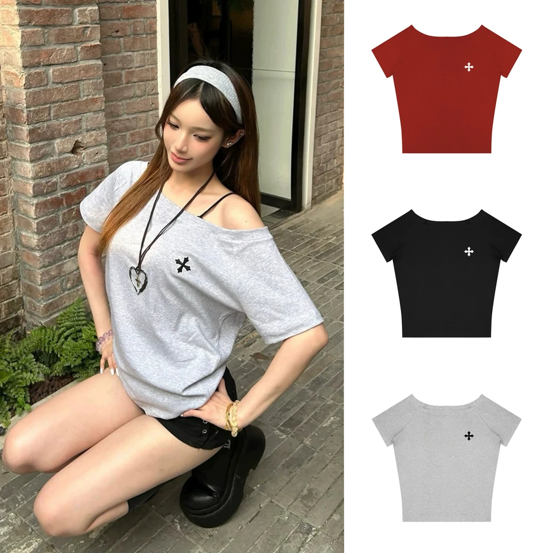 美式辣妹短袖T恤女夏季新款宽松休闲显瘦百搭小众基础款斜肩上衣