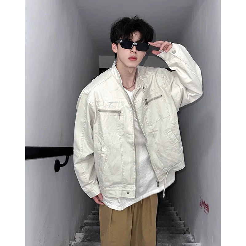 美式高街米白色正肩短款外套男春秋款复古拉链潮牌宽松休闲夹克衫