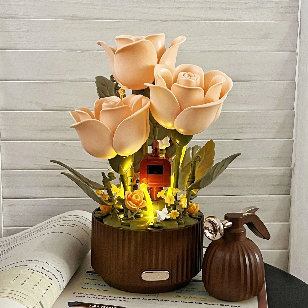 会开花的积木花束喷水自动开花情侣女生手工拼装生日礼物桌面摆件