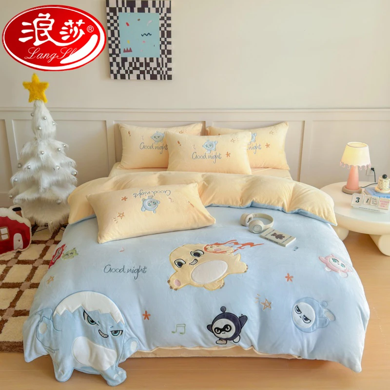 浪莎卡通儿童牛奶绒四件套2025新款加厚珊瑚绒被套加绒床单三件套
