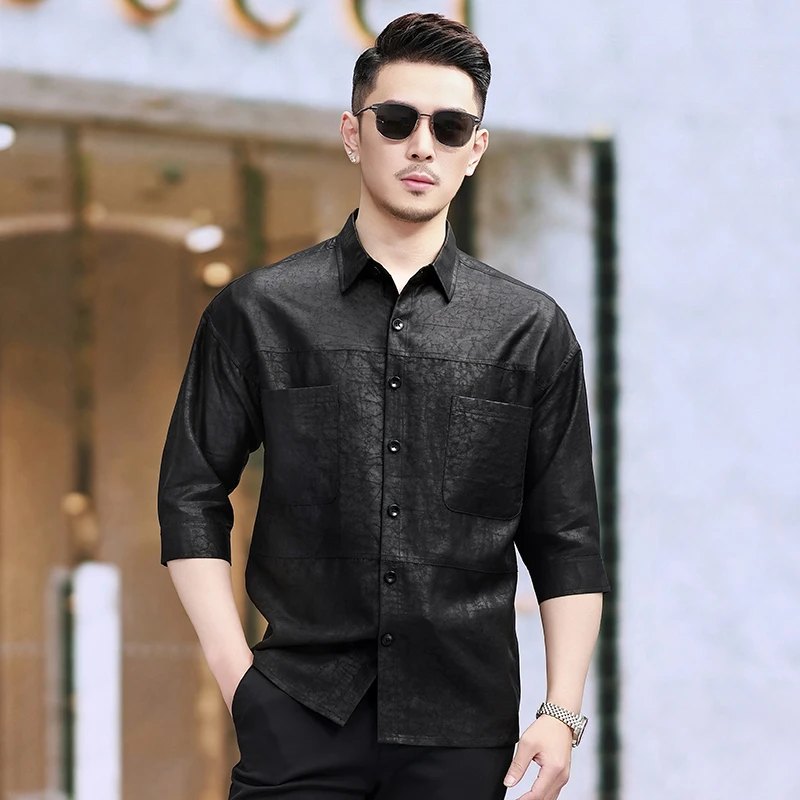 香云纱100%龟裂纹中袖男士百分百桑蚕丝衬衫男装丝绸真丝上衣5055