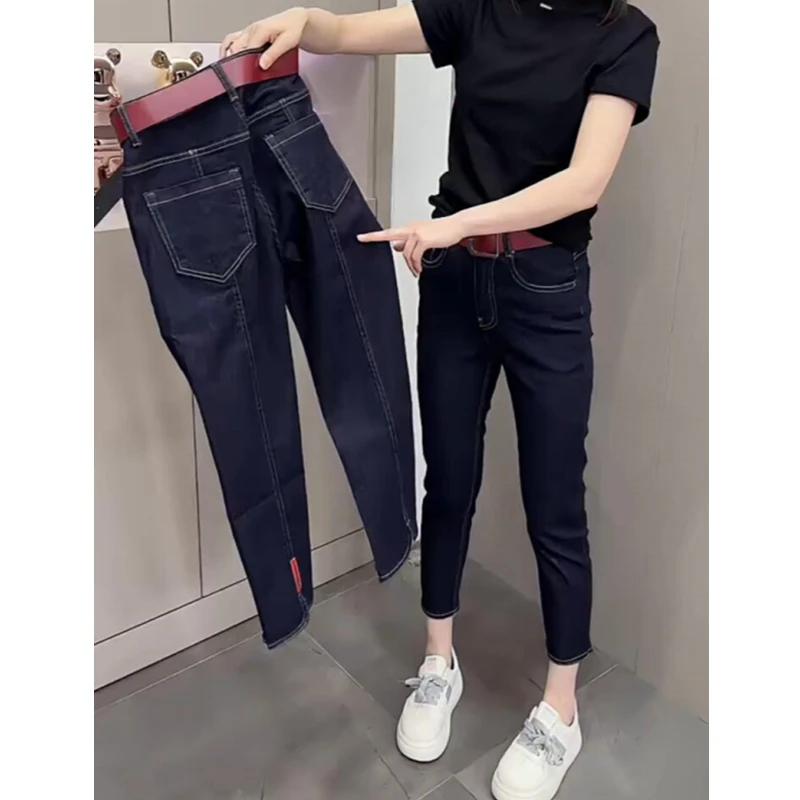 普洗蓝高腰直筒牛仔裤女2025年夏季新款小个子穿搭弹力显瘦烟管裤