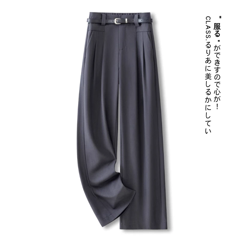 拉夏贝尔高级感灰色西装阔腿裤女2025新款夏季薄款高腰垂感直筒裤