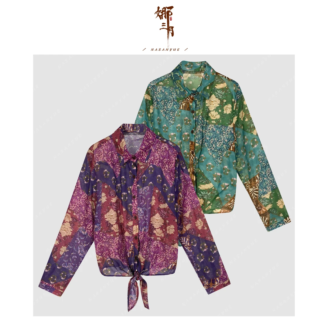 娜三月【静待花开】复古度假风油画印花设计感花衬衫25068