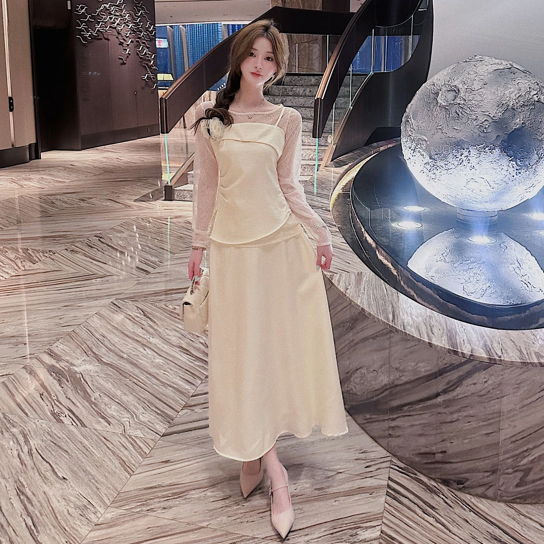 蕾丝内搭褶皱背心裙三件套XS40844