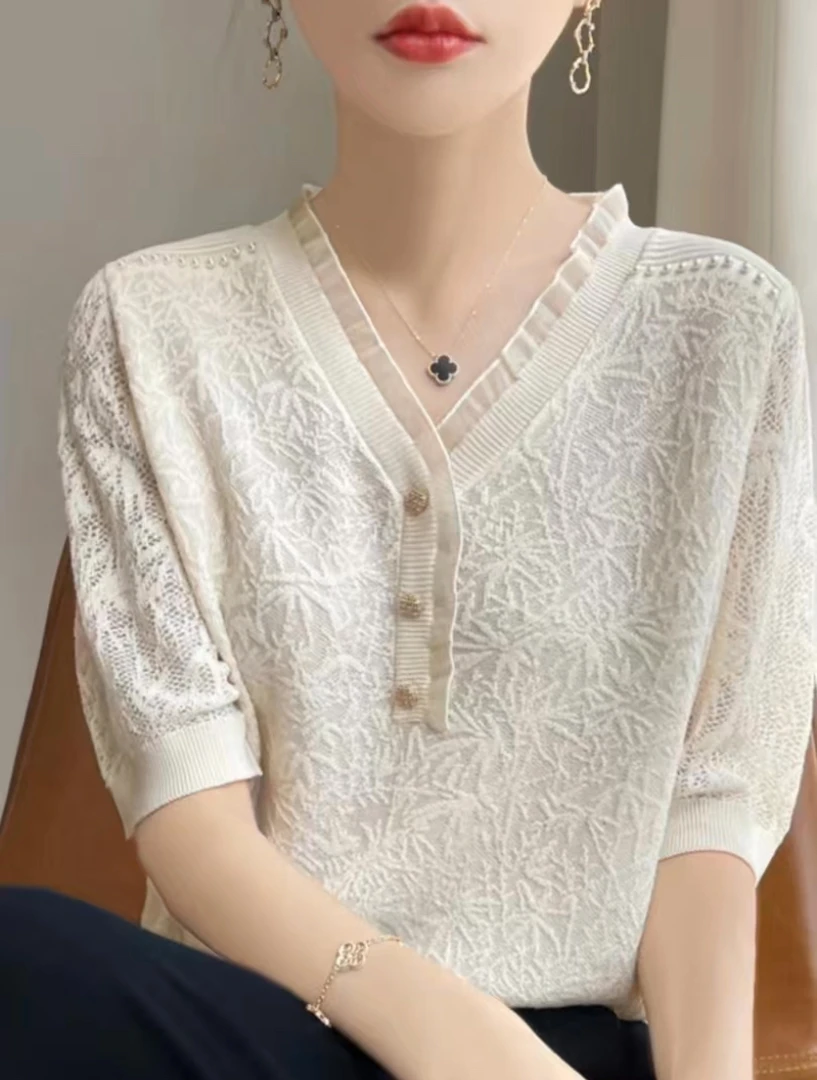 2025春夏新款短袖针织衫T恤宽松女水晶纱V领薄款小香风遮肉上衣