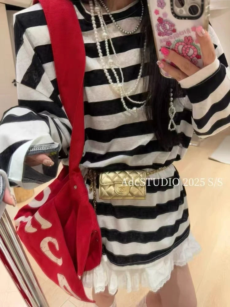 新款韩版宽松显瘦百搭休闲条纹长袖T恤女上衣潮防晒衣