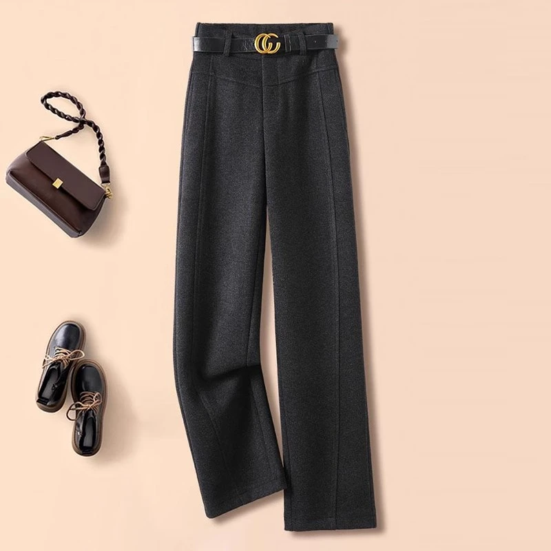 拉夏贝尔醋酸羊毛呢窄版直筒裤女秋冬季新款高腰后加绒休闲阔腿裤
