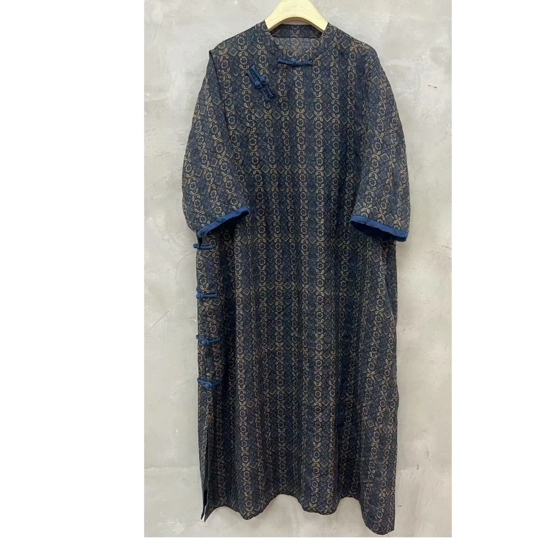 西子分享 7123 古蘭木 苎麻 印花 轻奢 夏季【袍子】