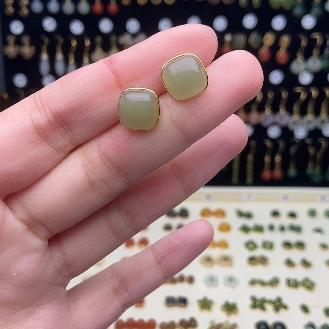 和田玉银S925镀金镶嵌耳饰