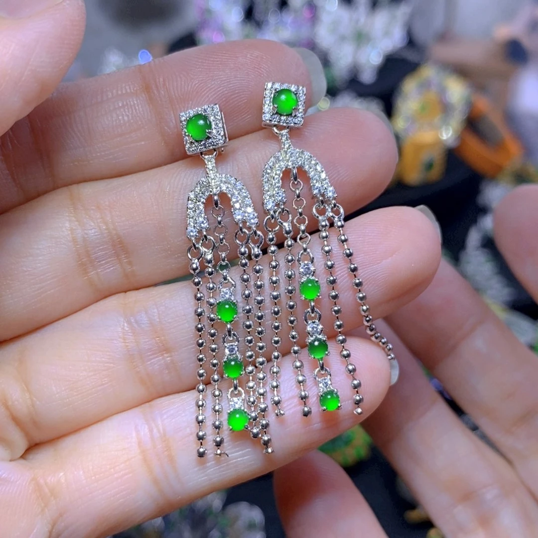 翡翠银S925镶嵌耳饰天然翡翠