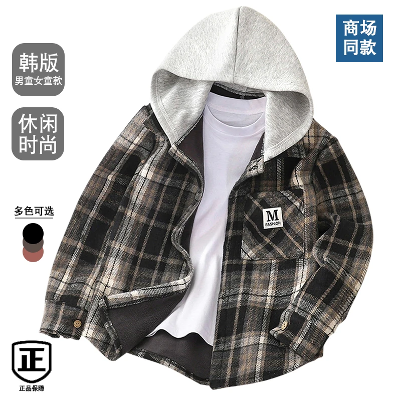 中大童格子加厚帅气翻领韩式连帽外套儿童秋冬极简风保暖上衣外套