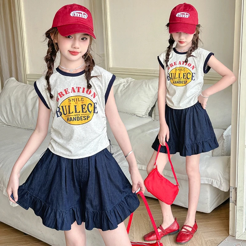 女童夏装套装2025新款儿童洋气薄款无袖抽绳短袖夏季短裤裙两件套