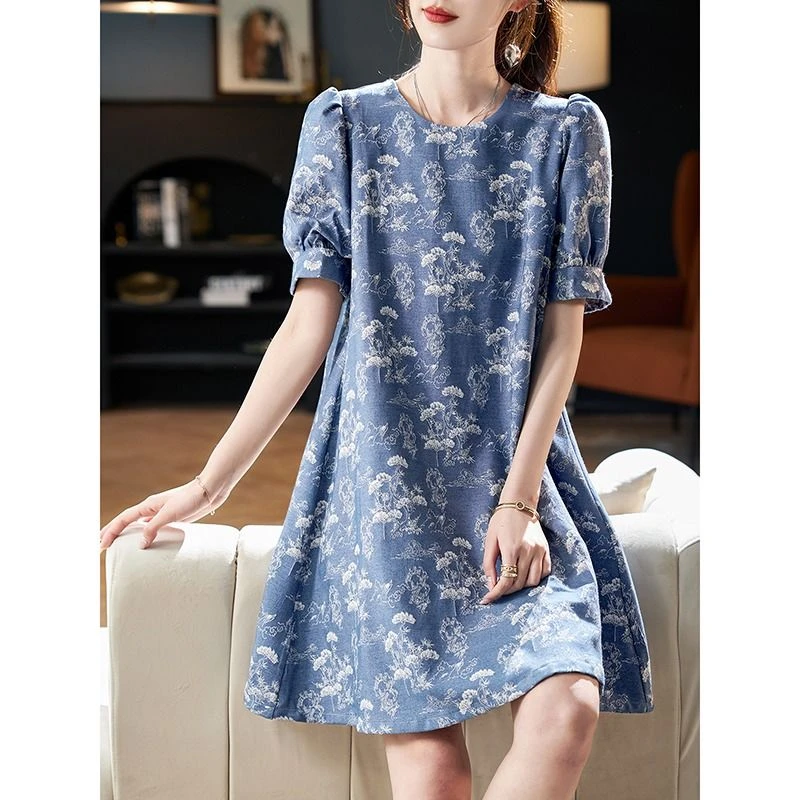 高端圆领泡泡袖印花短袖连衣裙2025夏气质国风A字宽松中长休闲裙