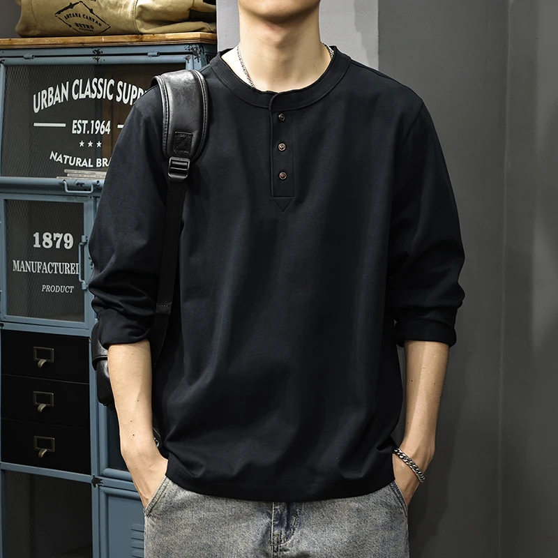 那因波勒秋冬季男士长袖t恤潮牌美式复古亨利领纯棉宽松休闲卫衣