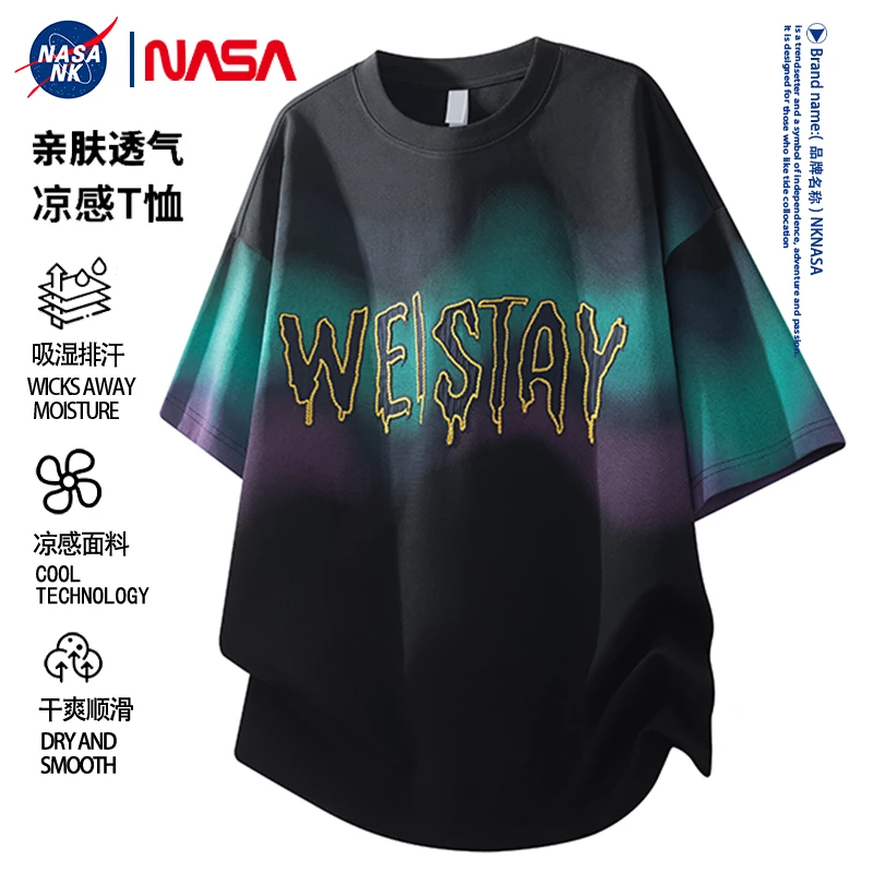 NASA联名美式潮牌高街重磅短袖t恤男女同款流体字母渐变夏季半袖