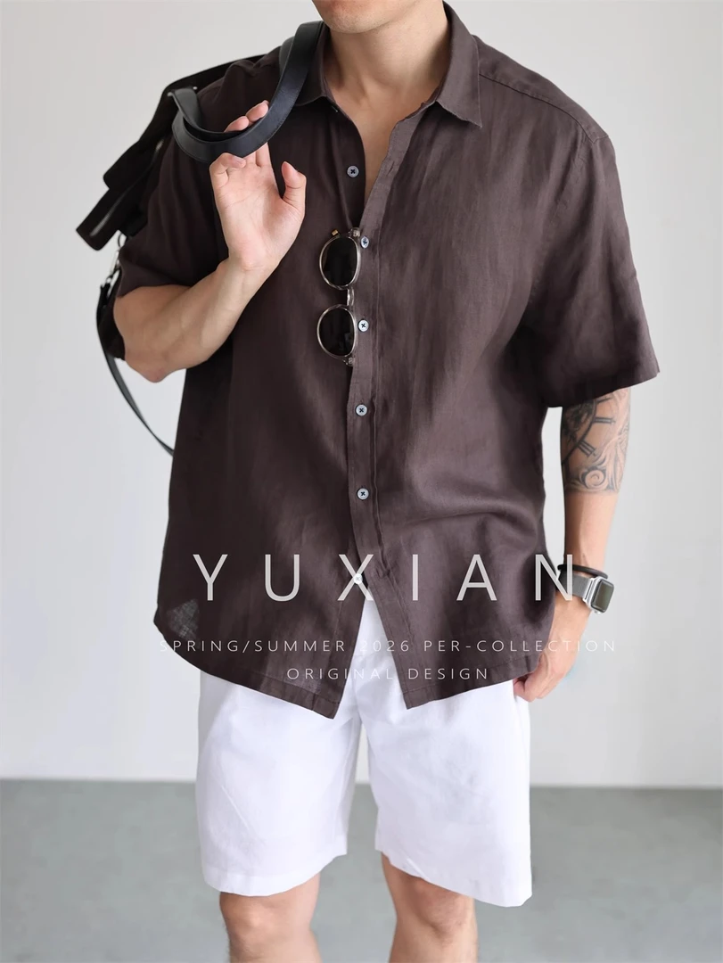 YUXIAN意式100%亚麻雨露透气短袖衬衫休闲宽松薄款衬衣男士春夏季