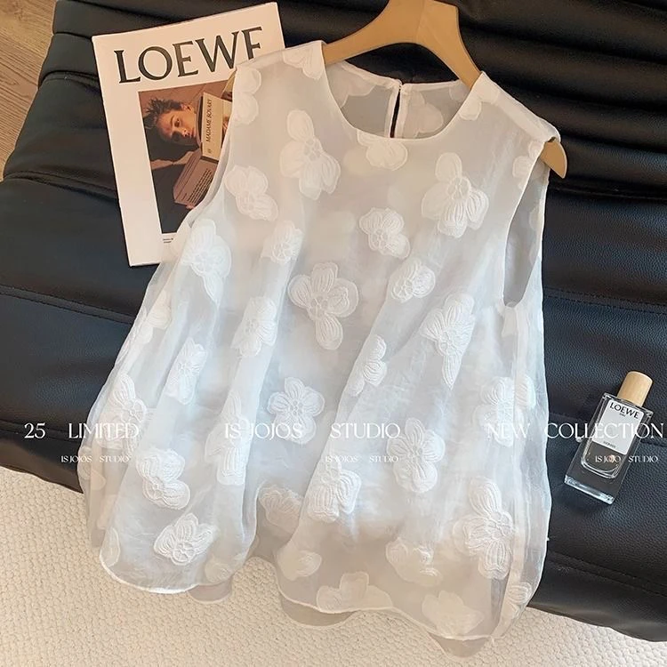 设计感清凉百搭后背纽扣刺绣宽松大码无袖衬衫上衣