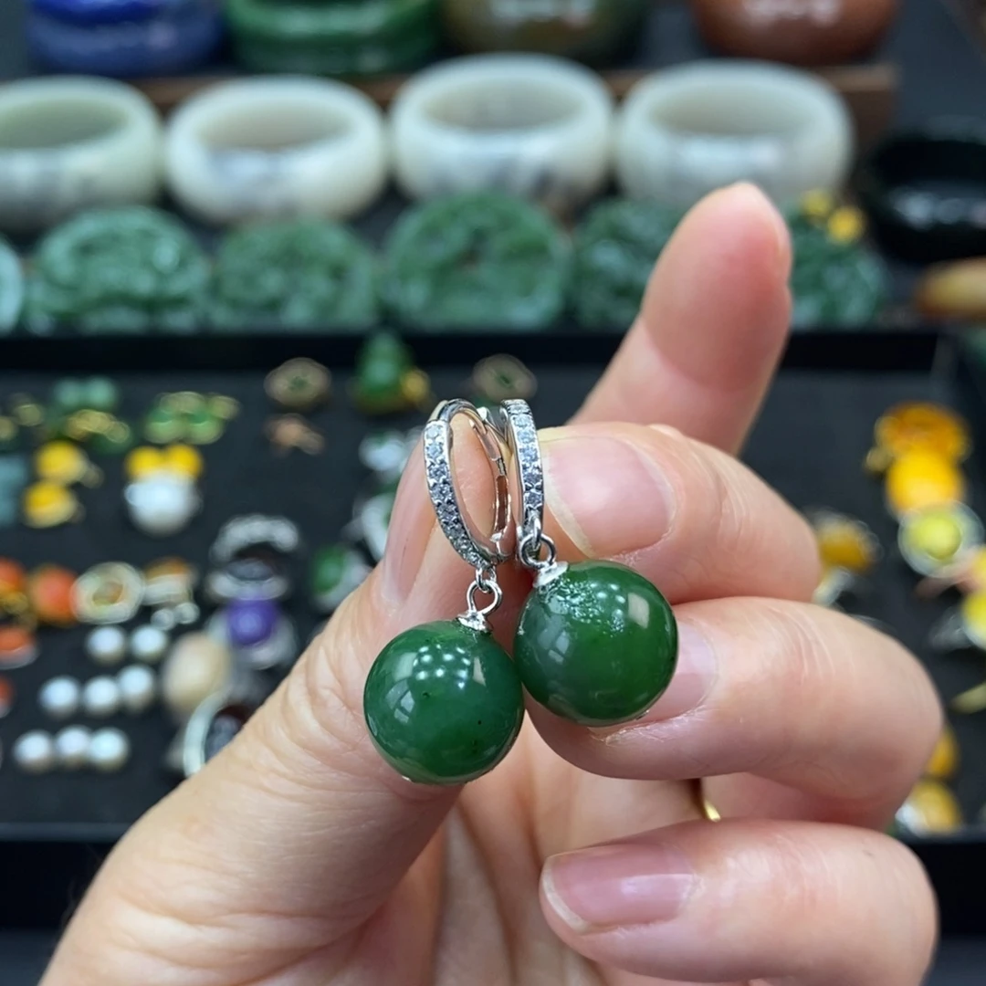 和田玉银S925镶嵌耳饰1.2耳钩