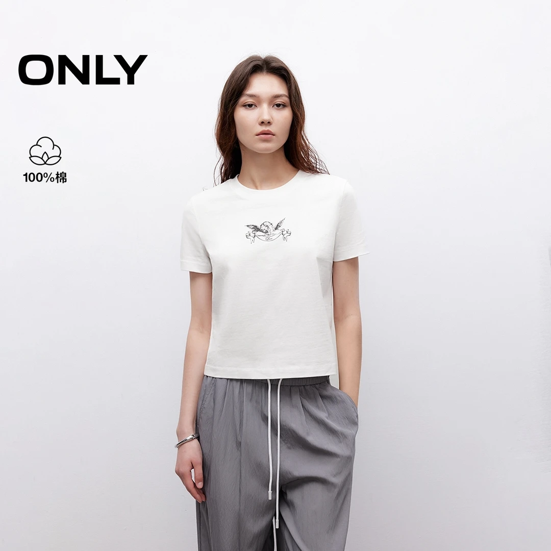 ONLY2025夏季新款印花正肩显瘦纯棉T恤女纯欲慵懒风女装125201024