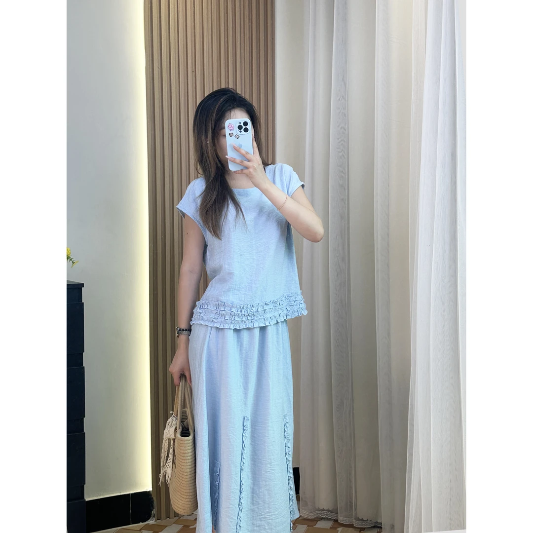 夏季新款休闲百搭舒适天丝亚麻短袖半身裙套装 8251309