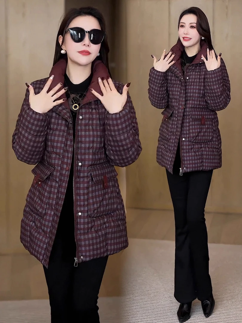 时尚加绒加厚格子棉服女2025冬季新款中长款显瘦棉袄保暖棉衣外套
