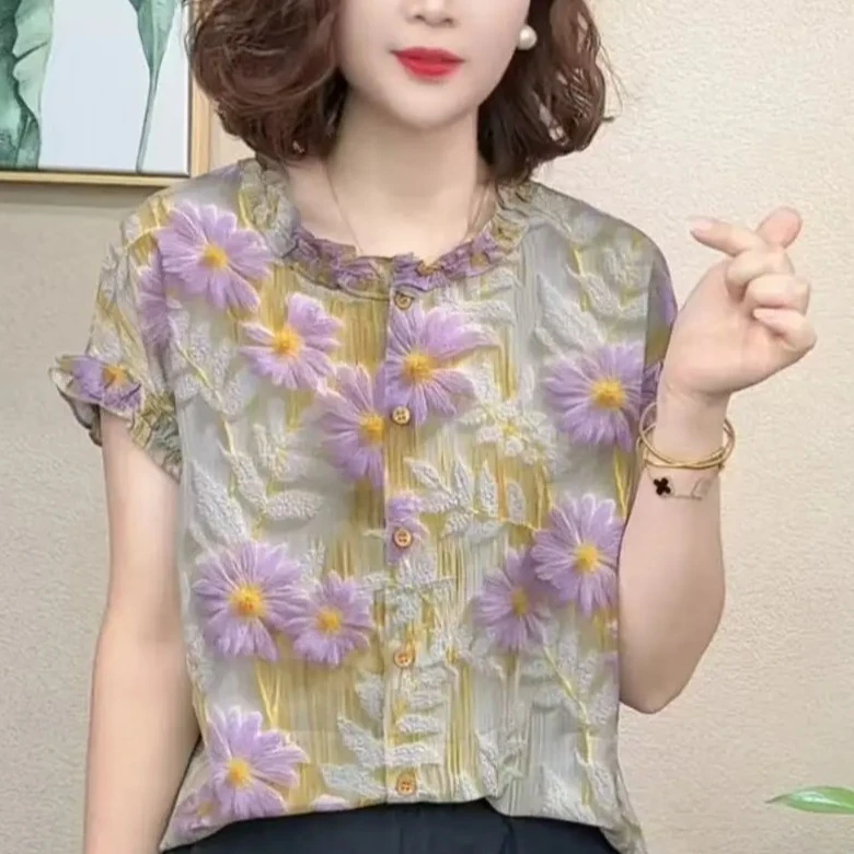 夏季新款时尚洋气圆领太阳花短袖小衫气质百搭减龄显瘦女T恤上衣