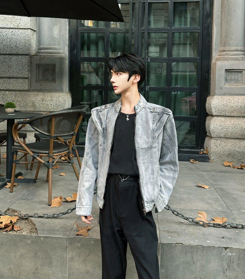 黑灰色垫肩短款牛仔外套男春秋重工水洗哈灵顿夹克美式工装牛仔衣