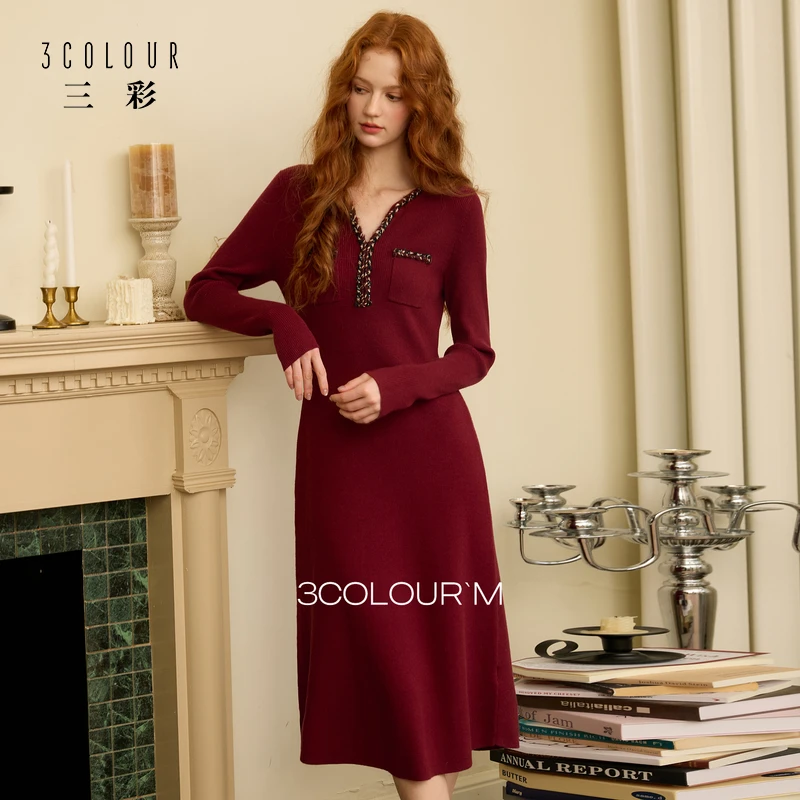 三彩2025冬季新款小香针织连衣裙V领气质收腰长裙长袖修身优雅M