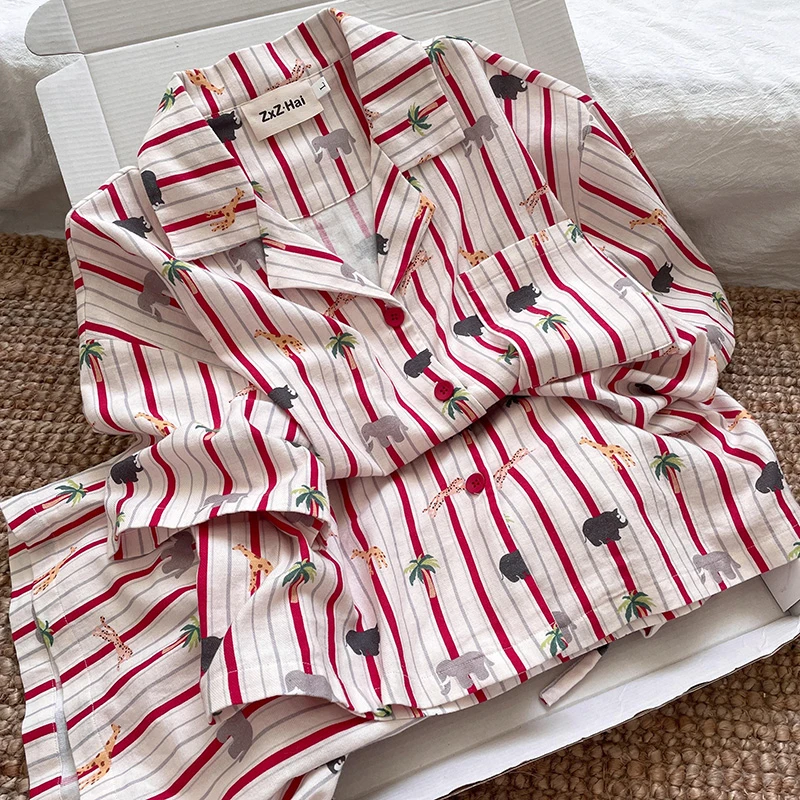 侘町2025年新款动物大世界短袖居家睡衣纯棉夏季卡通可外穿家居服