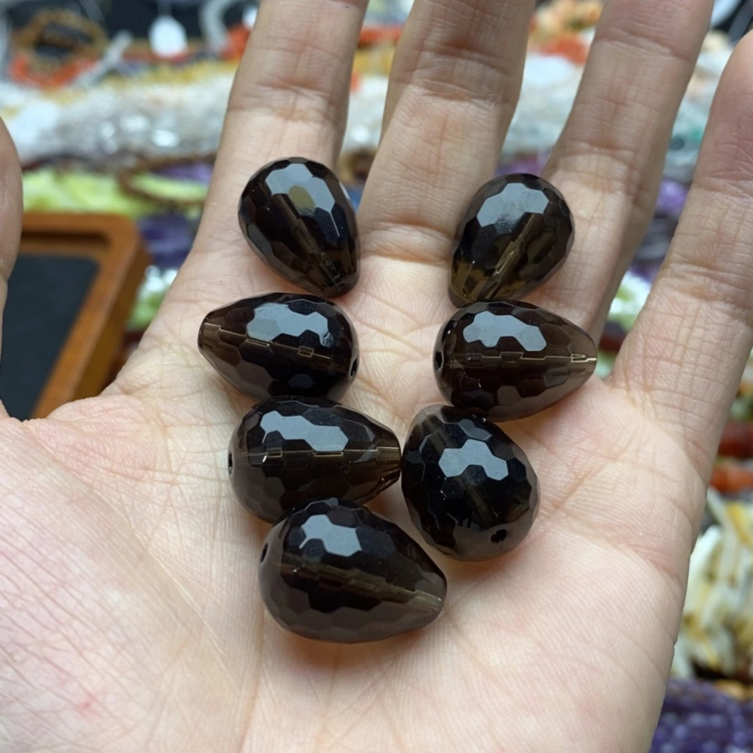 未镶嵌玛瑙/玉髓珠宝半成品一颗天然净体黑茶晶切面水滴15×20
