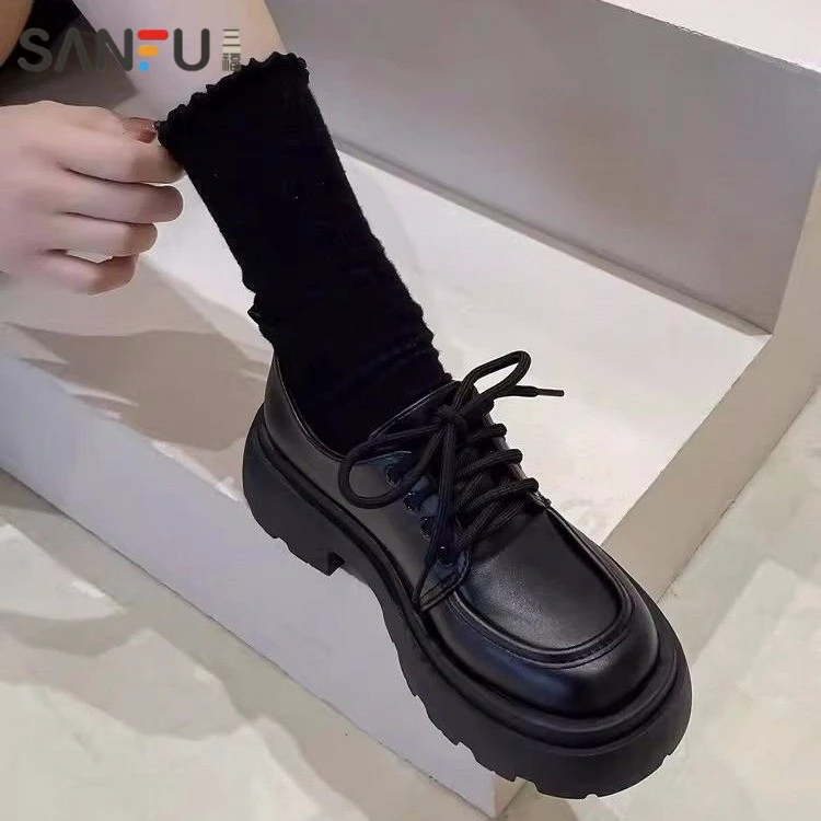 三福英伦风厚底小皮鞋女2025春秋玛丽珍百搭爆款乐福鞋黑色jk单鞋