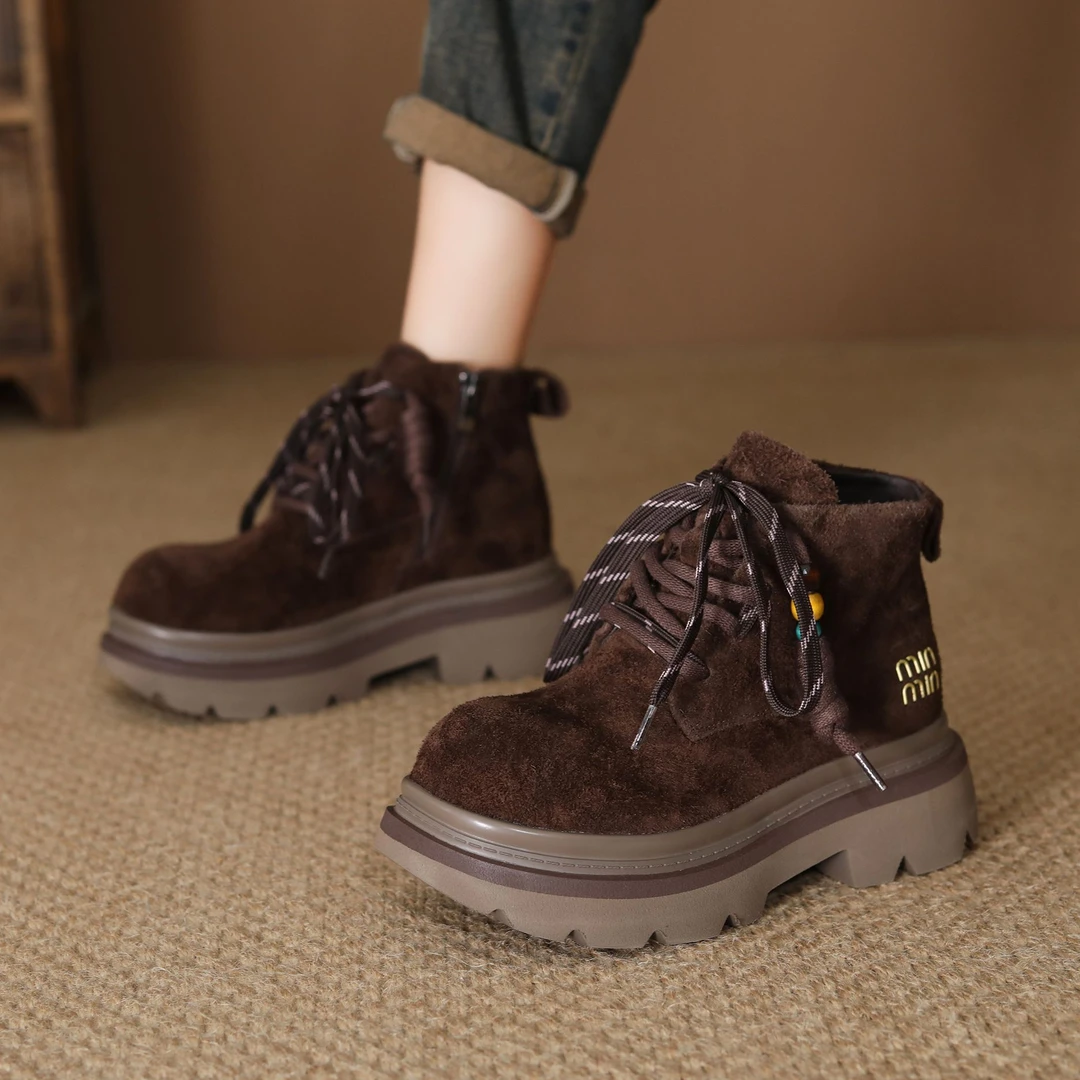 磨砂头层牛皮马丁靴女厚底松糕2025新款秋季增高休闲机车短靴真皮