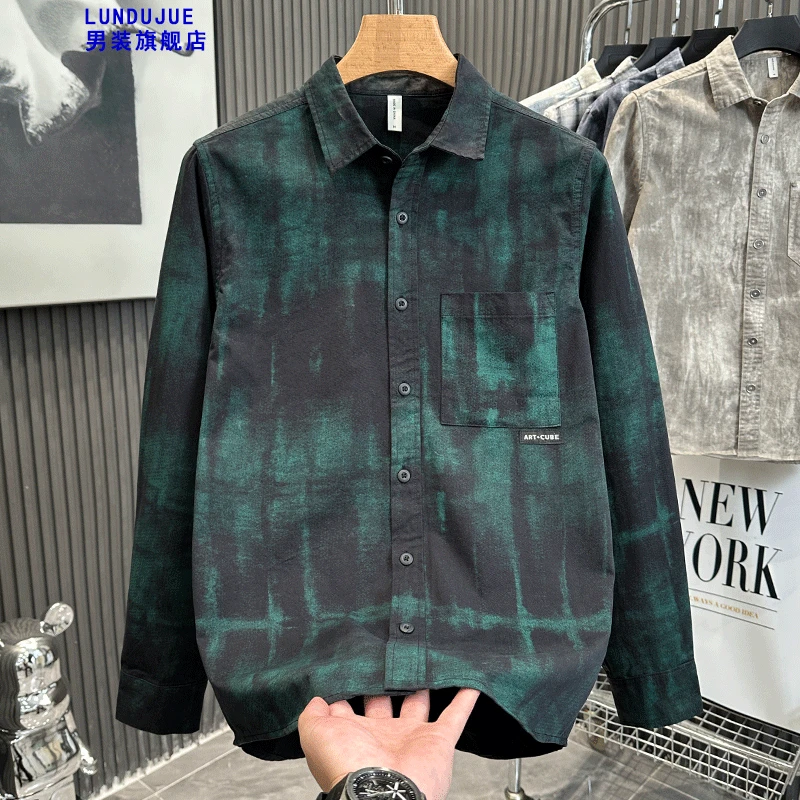 男款美式衬衫复古印花长袖男士秋季新款纯棉翻领宽松休闲衬衣外套