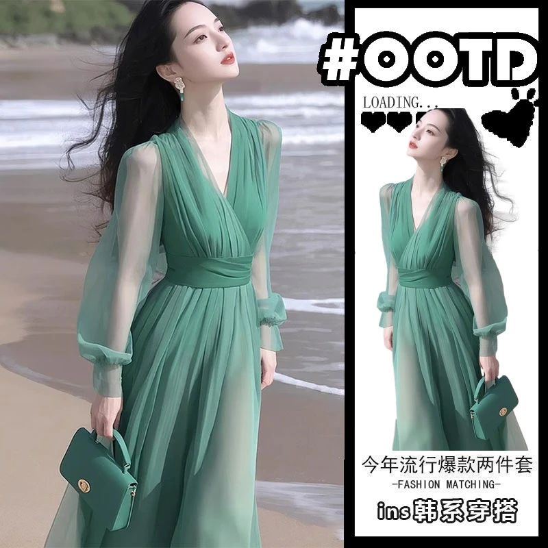 开春季气质穿搭高端精致轻奢高级感御姐风情万种绿色连衣裙高级装